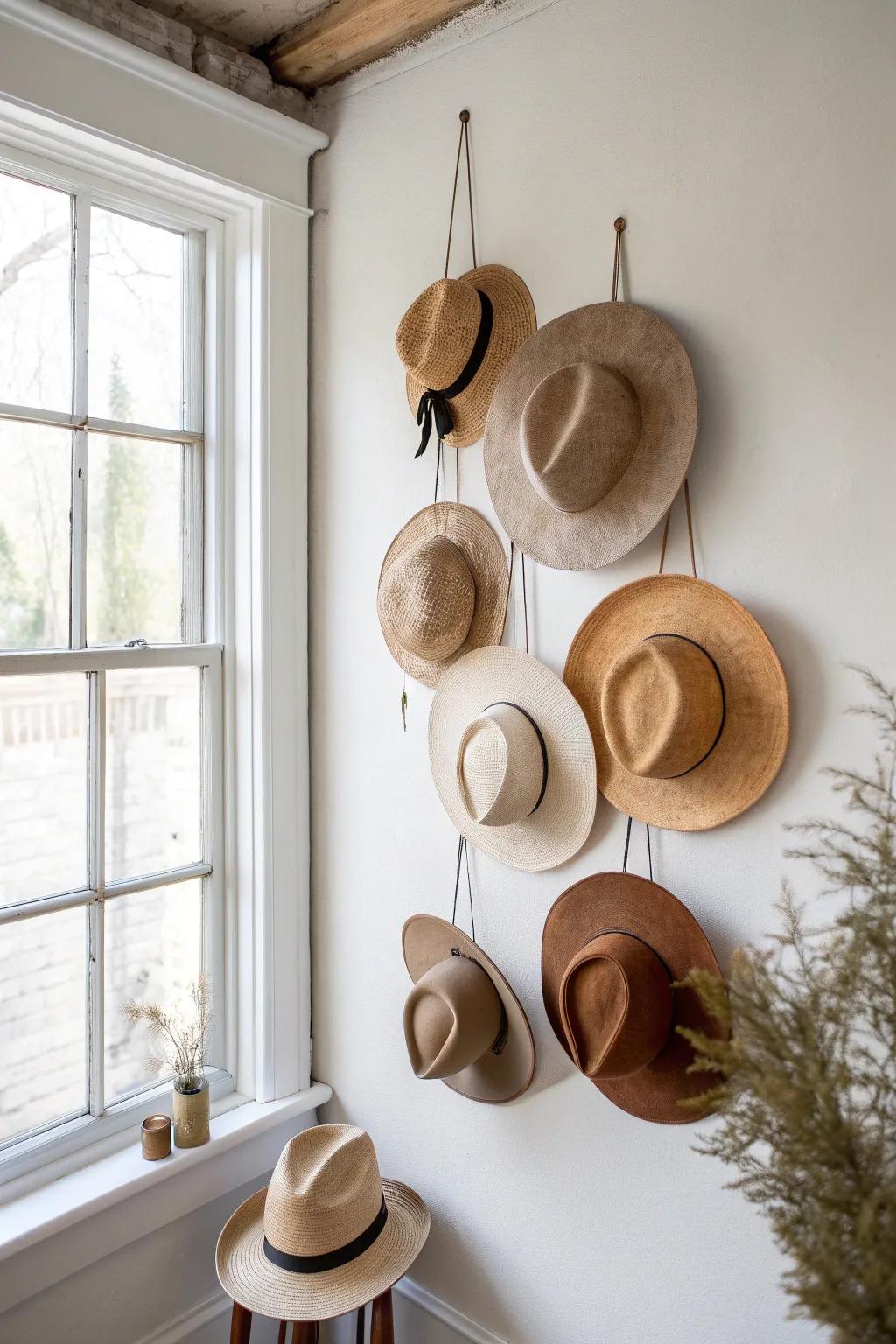 A floating hat constellation—minimal pins, invisible line, and instant small-space wow.