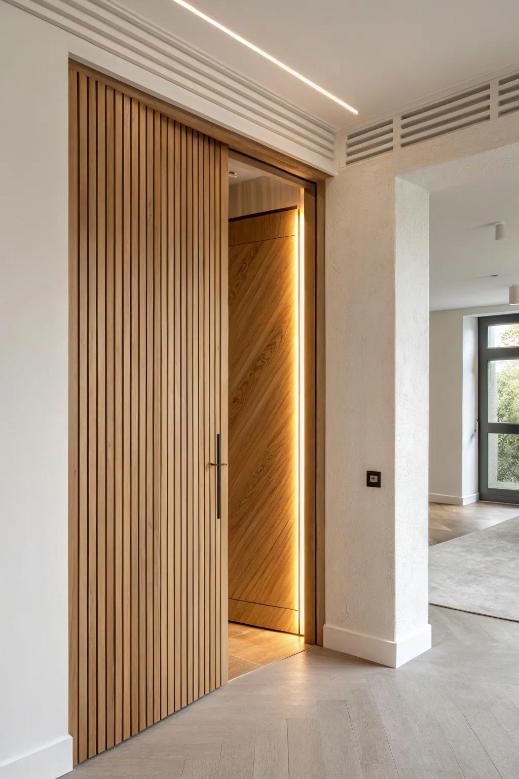 Scandi oak slat wall that rotates open—an elegant hidden door with movie-moment drama.