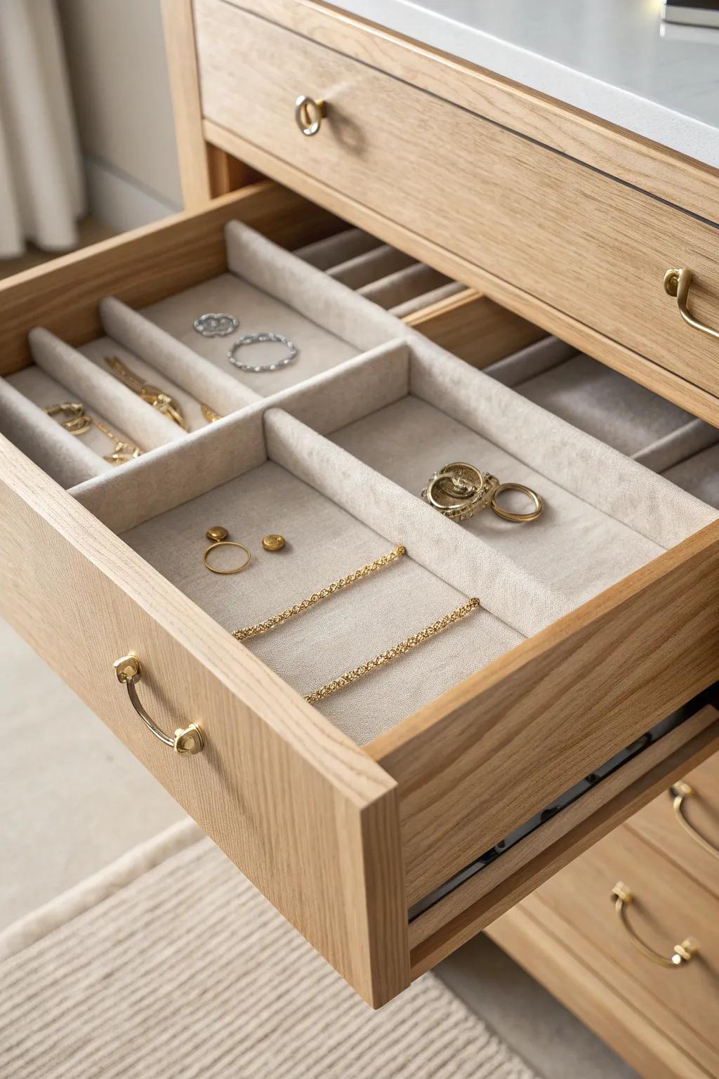 A false-bottom drawer hides special jewelry in plain sight—renter-friendly and beautifully minimal.