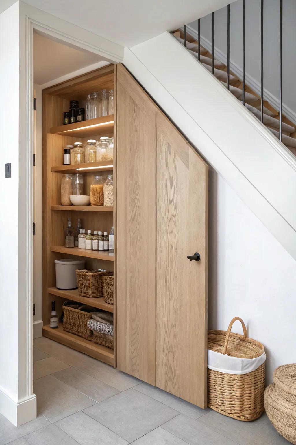 A sleek under-stairs pantry door reveals stepped shelves—your secret space-saving bonus room.