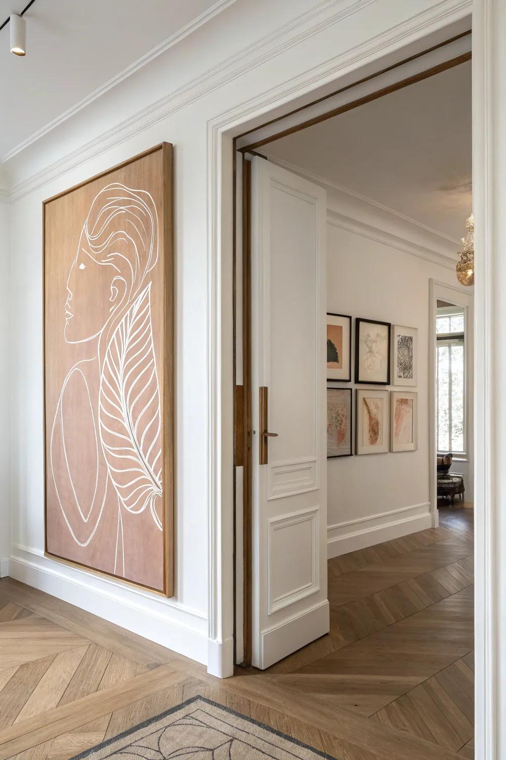 Hinged oversized art panel doubles as a secret door, hiding furnace and water heater.