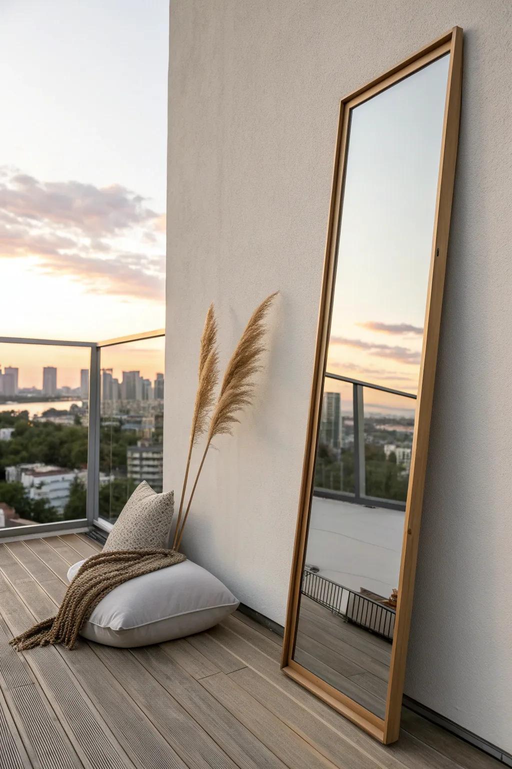 A simple mirror panel reflects the skyline—instantly making a high-rise balcony feel twice as big.