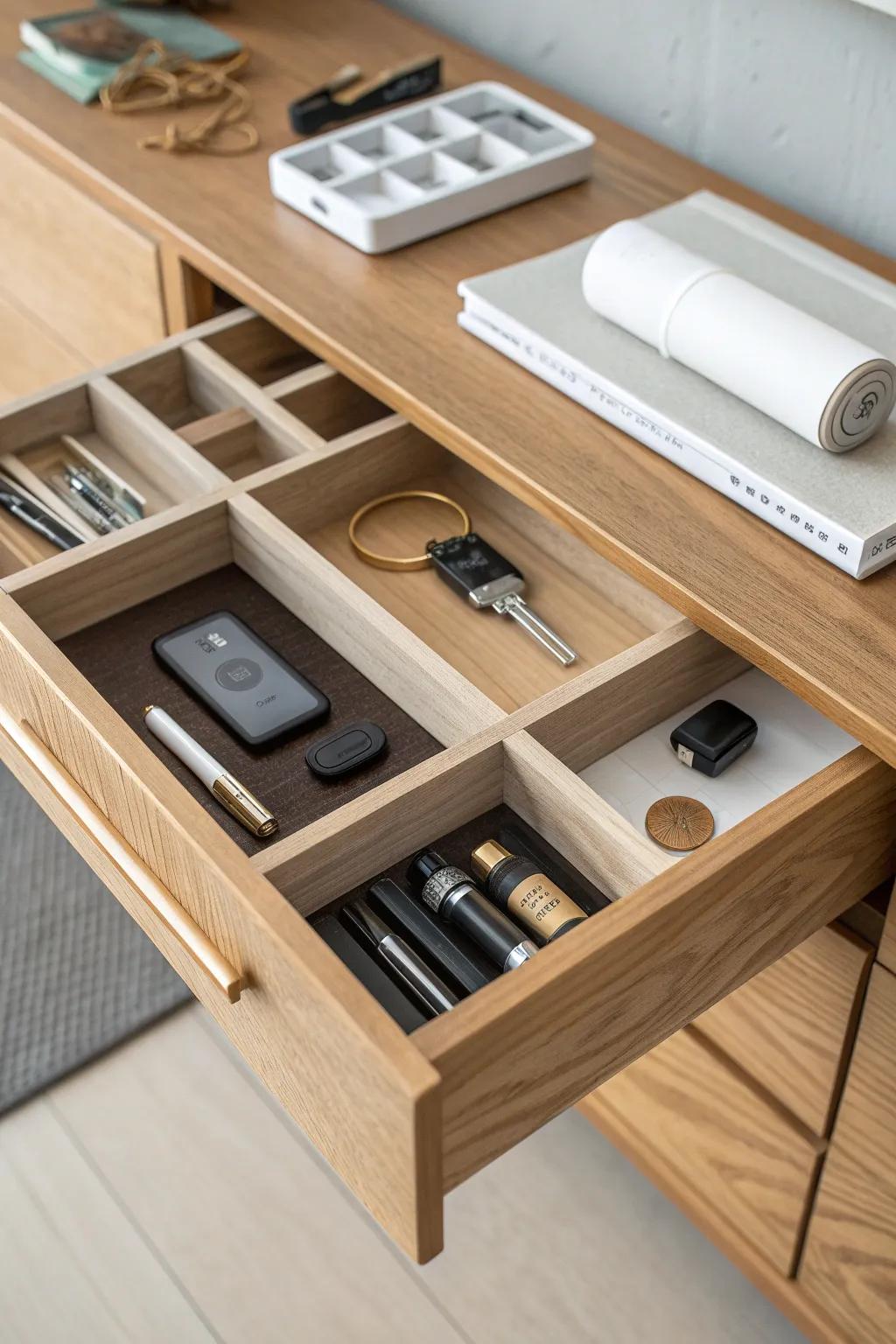 Turn one drawer into a hidden command center—dividers for keys, tape, batteries, and tools.