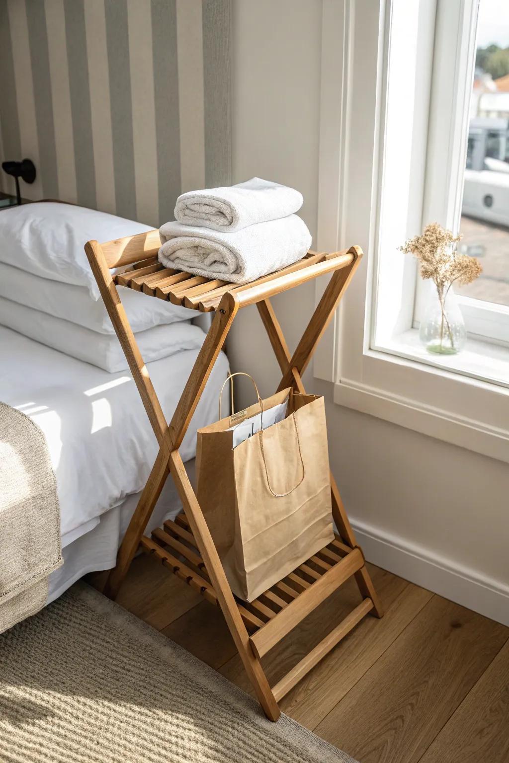 Turn the hotel luggage rack into a chic stand with a folded throw + gift bag vignette.