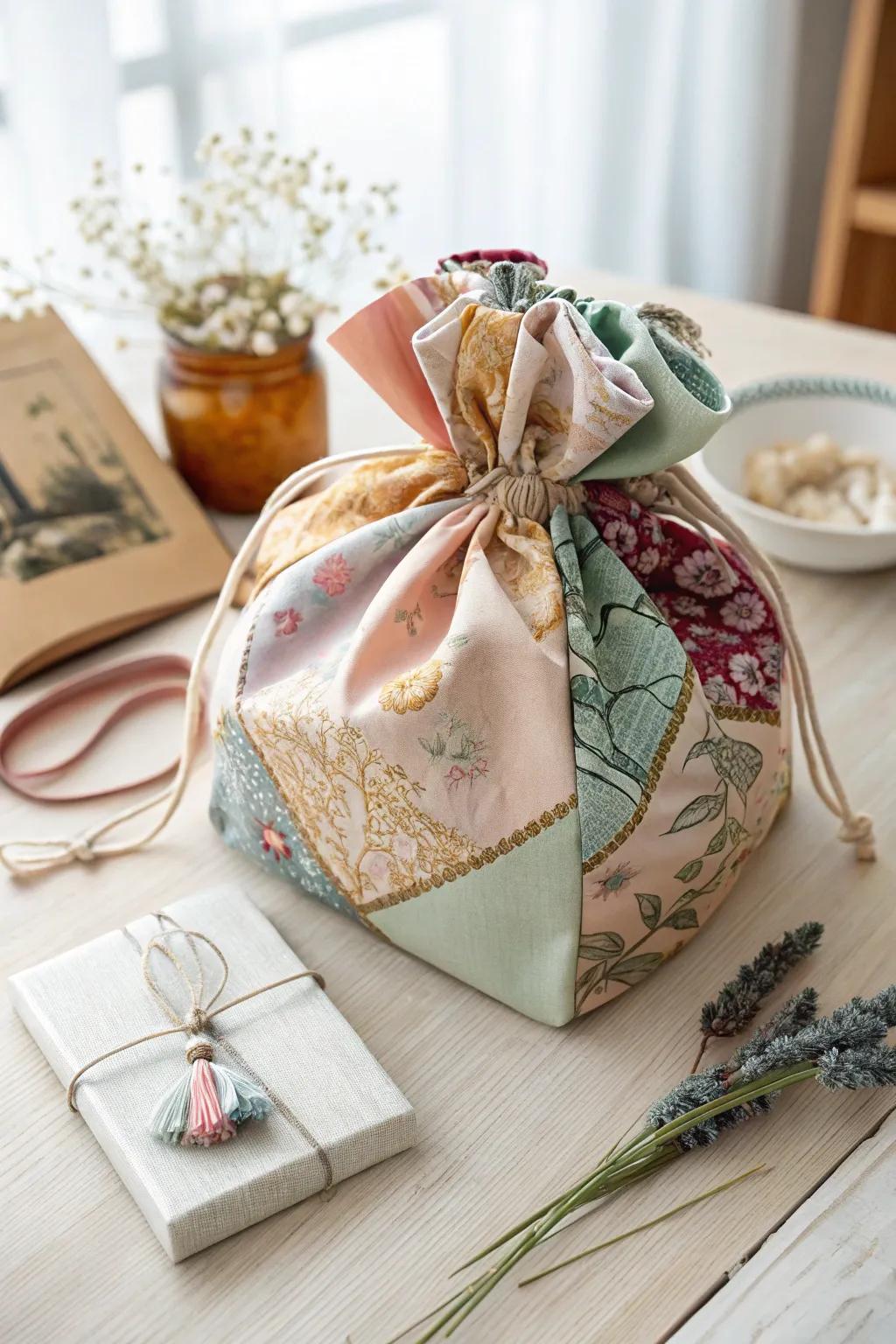 Transform leftover fabric into a charming gift wrap masterpiece – sustainable and stylish!