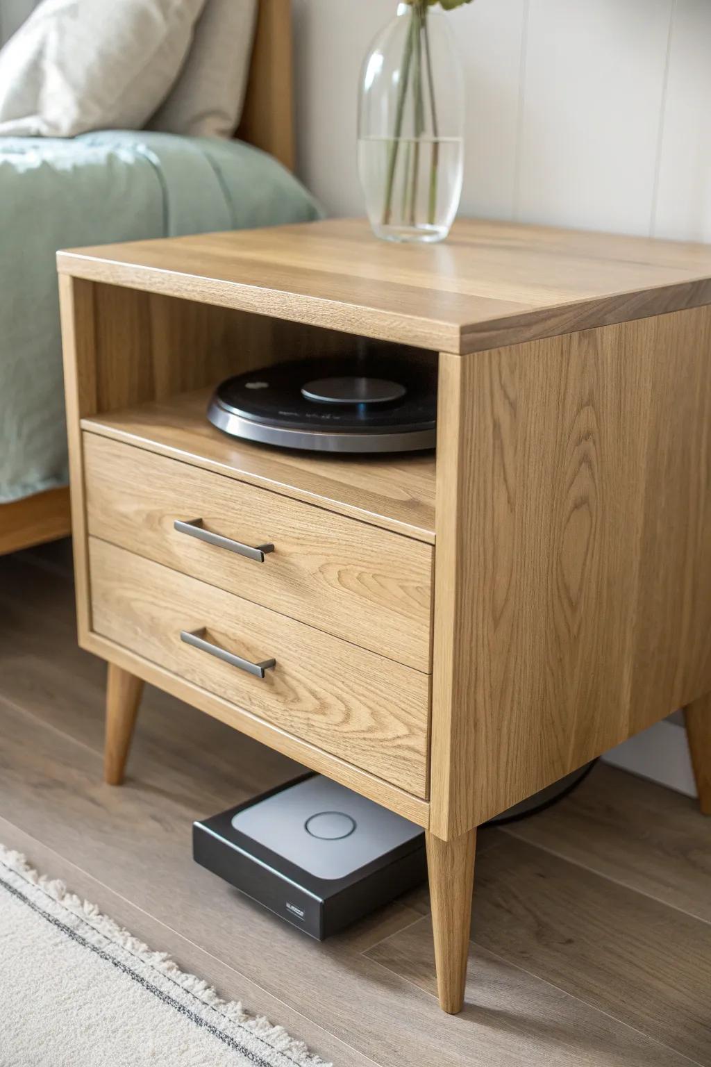 Transform your space with a chic nightstand that discreetly hides your robot vacuum. #ScandinavianDesign #BohoChic