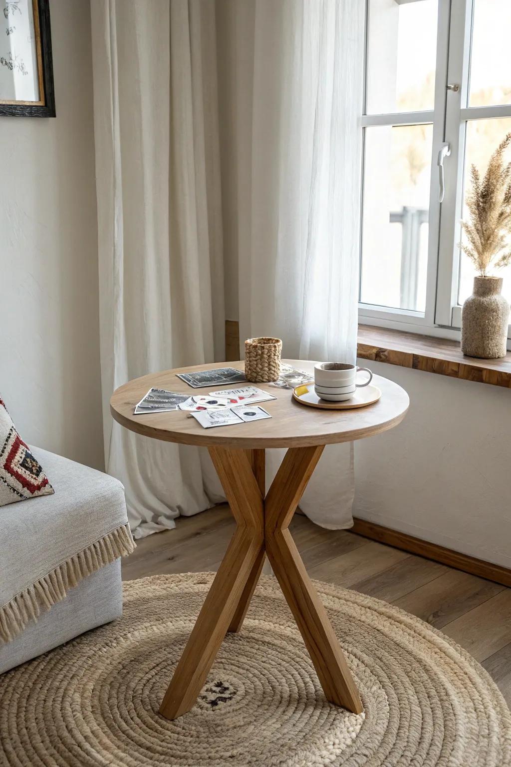 Turn a dead corner into a cozy game-table moment for coffee, cards, and quick laptop time.