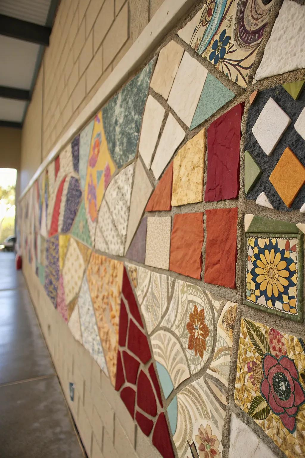 Transform damaged walls into a masterpiece with a vibrant fabric scrap mosaic that celebrates craftsmanship and creativity.