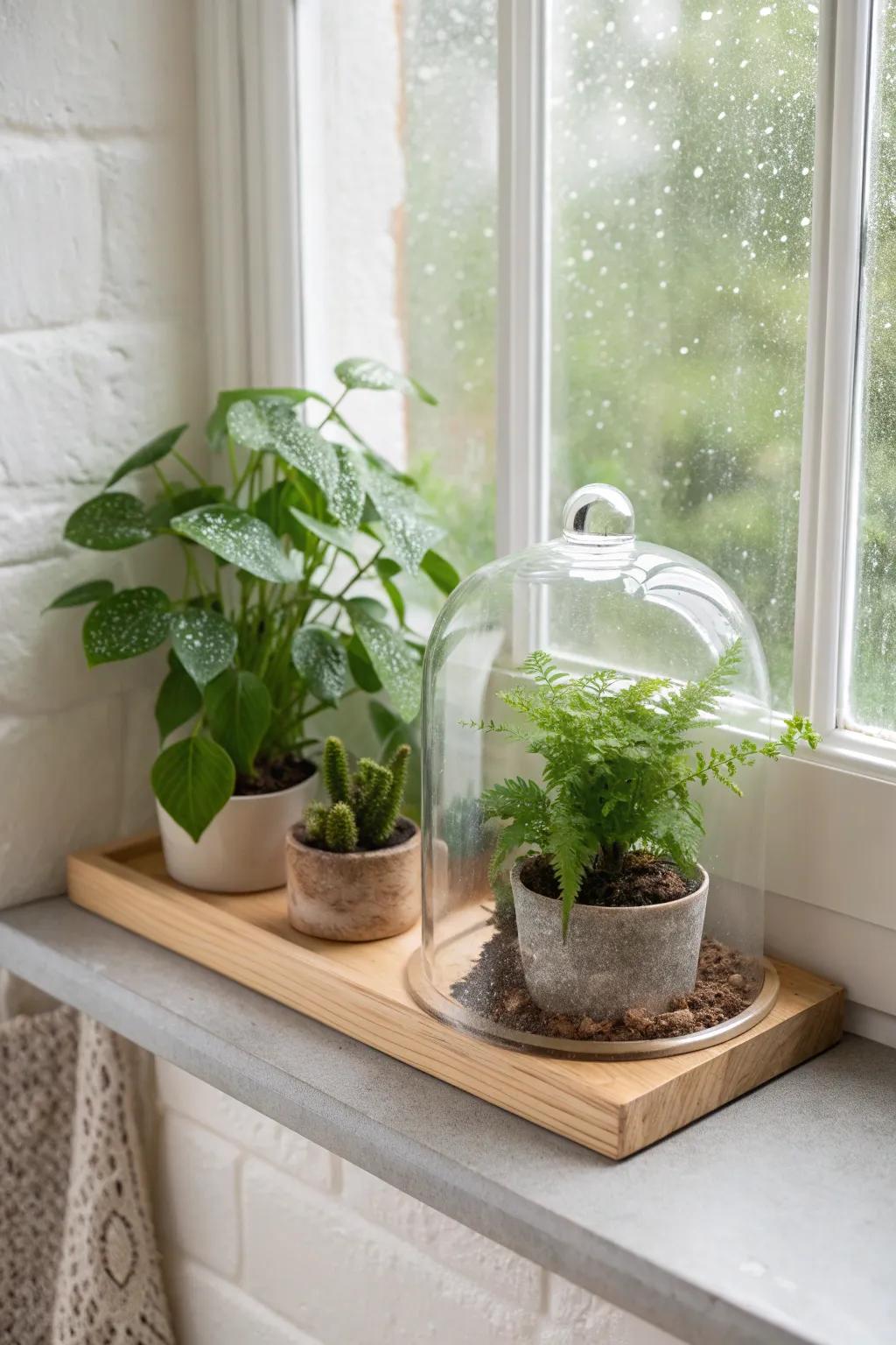 Turn shower steam into a mini greenhouse—one sleek shelf + clear cover for happy plants.