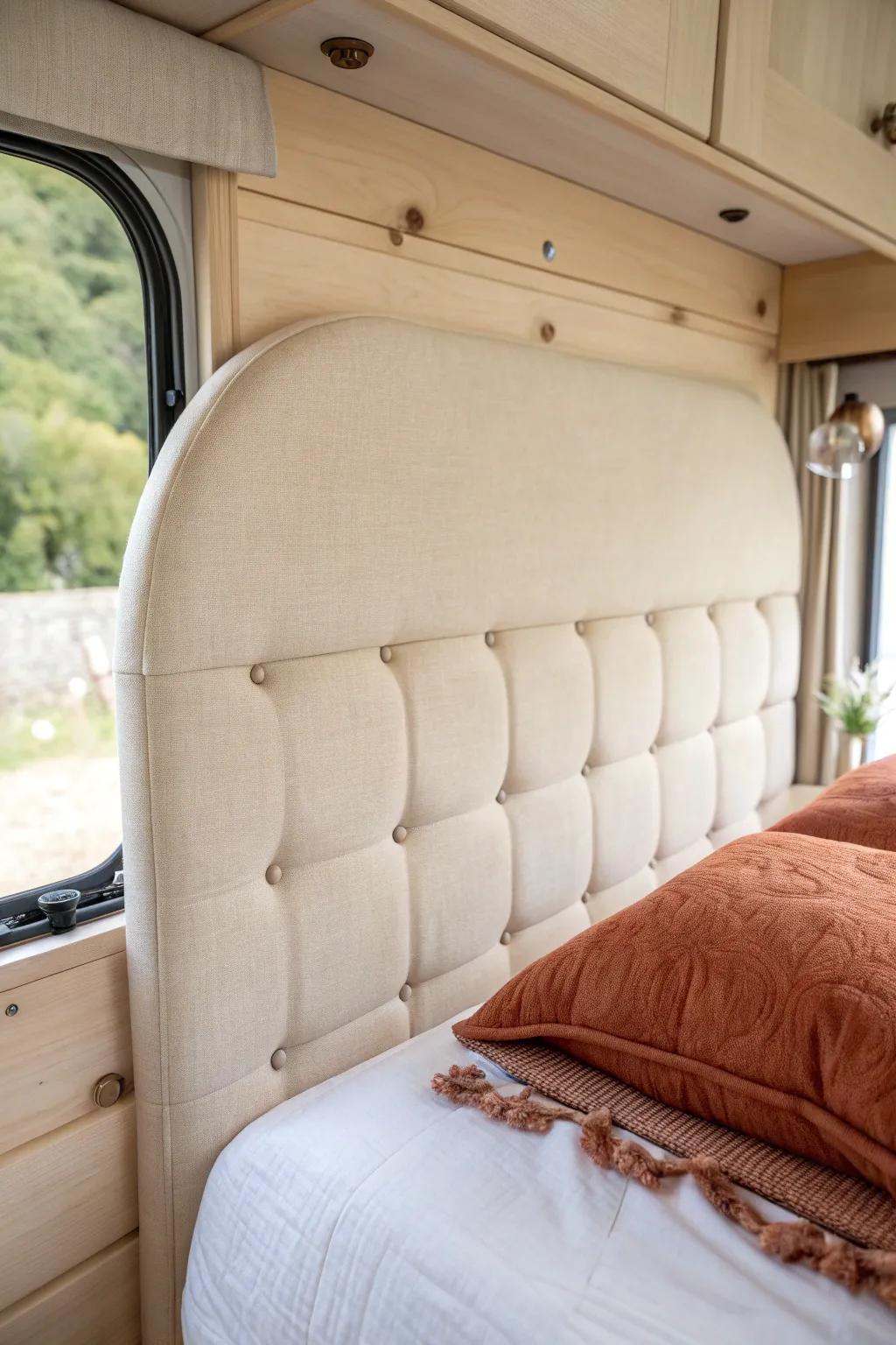 A simple linen fabric headboard adds cozy “real bedroom” softness to any camper bed.