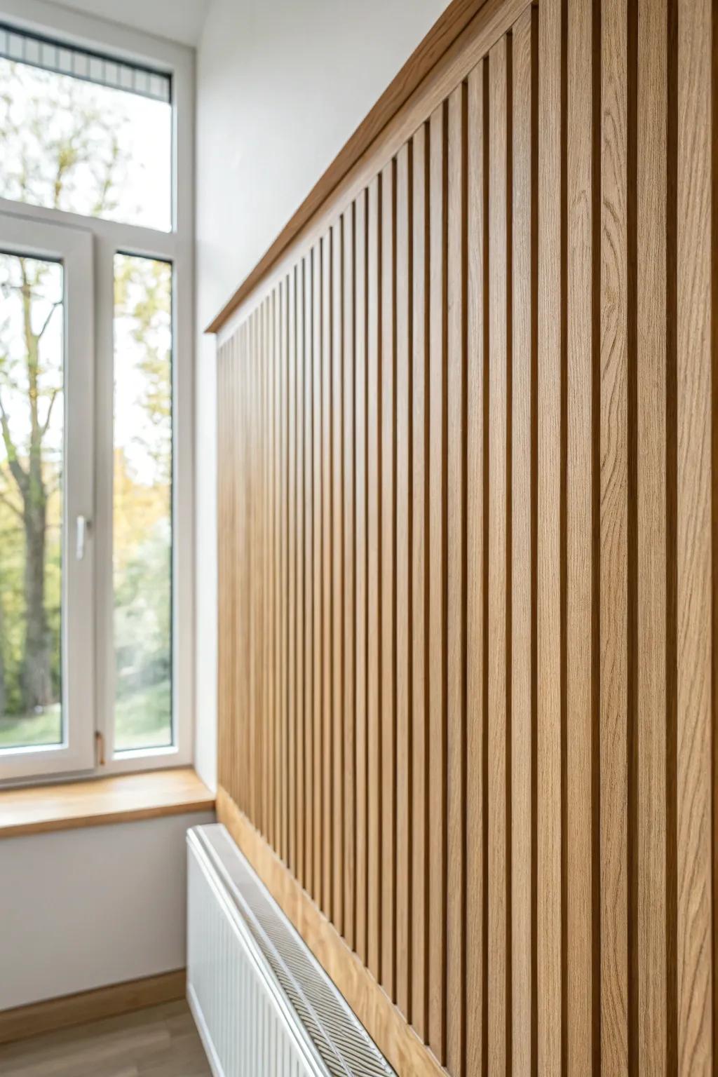 Two-tone wood slats add quiet pattern and depth—perfect for small, light-filled rooms.