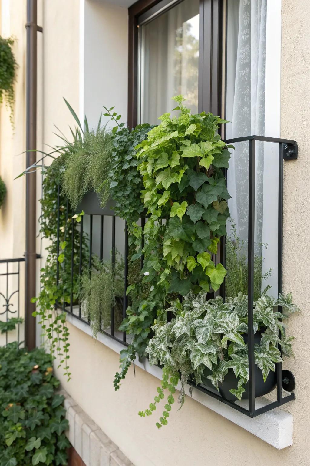 Turn a tiny Juliet balcony into a leafy mural—rail-mounted living wall for instant privacy.