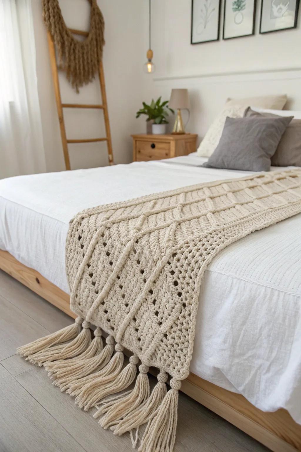 Add a touch of warmth and elegance with a cozy jumbo yarn bed runner. Perfect for minimalist and boho-inspired spaces!