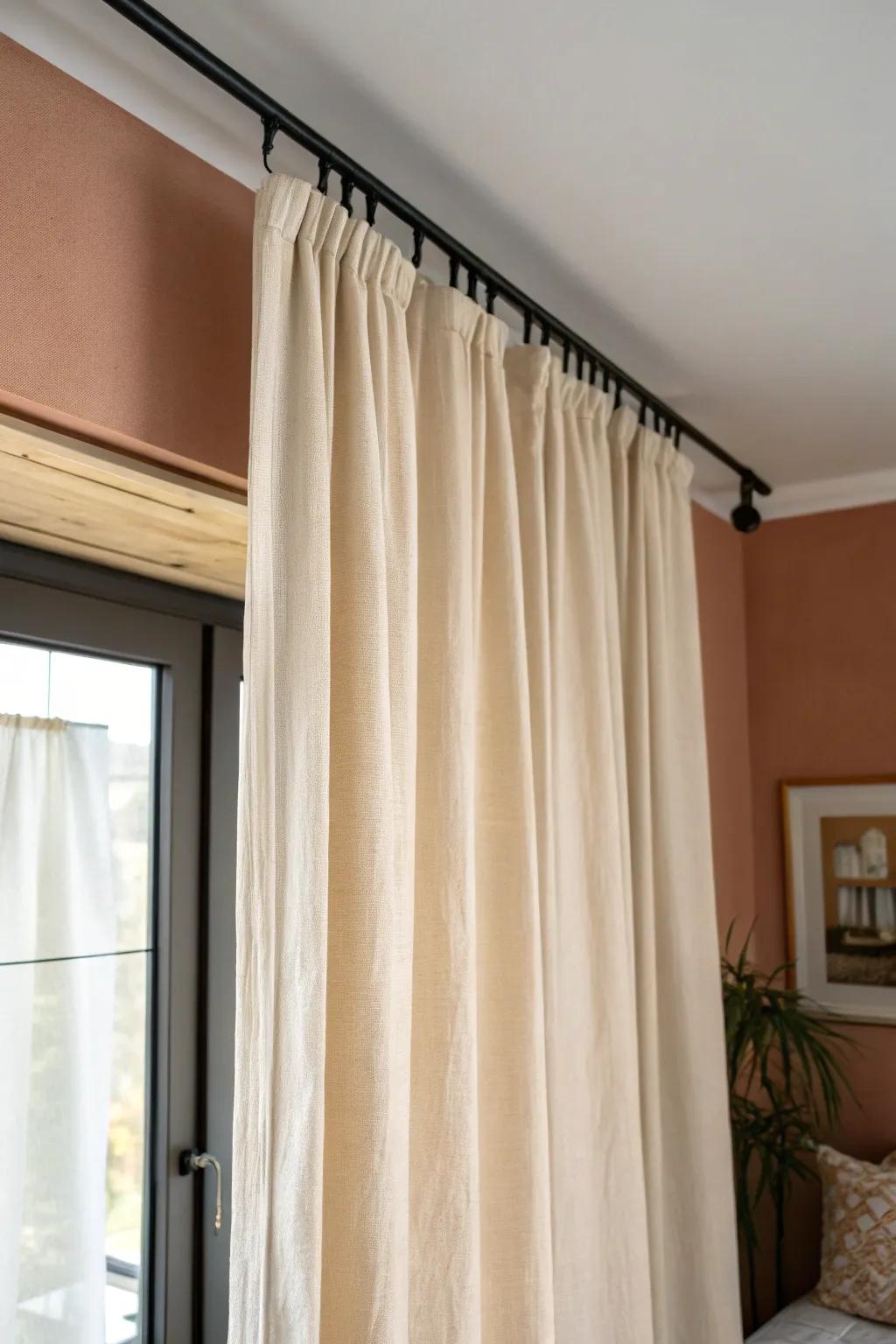 A ceiling-mounted linen curtain adds a flexible “mini room” for sleep or play in small kids’ spaces.