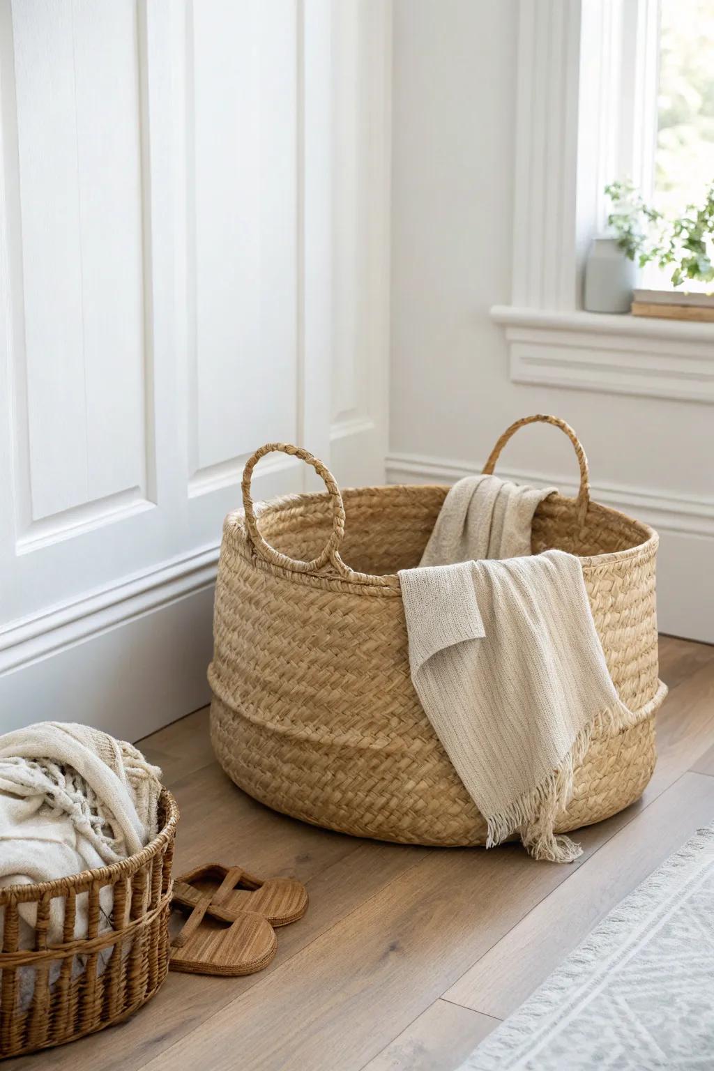 Big woven clean‑up basket: the end‑of‑day parking spot that makes kid rooms look tidy fast.