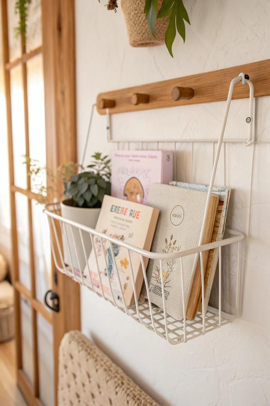 Wall-mounted wire basket keeps chunky board books tidy—perfect for small-space storage.