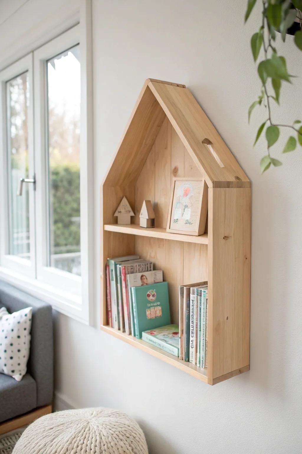 A house-shaped shelf turns kids’ books into wall art—perfect for small, stylish spaces.