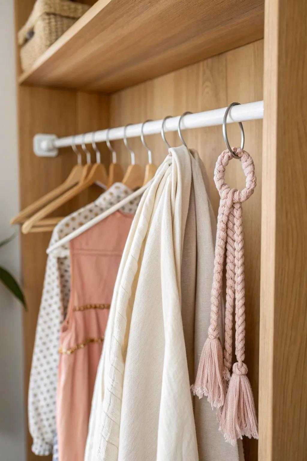 Renter-friendly tension rod: a simple spot to hang scarves, capes, and a backpack.