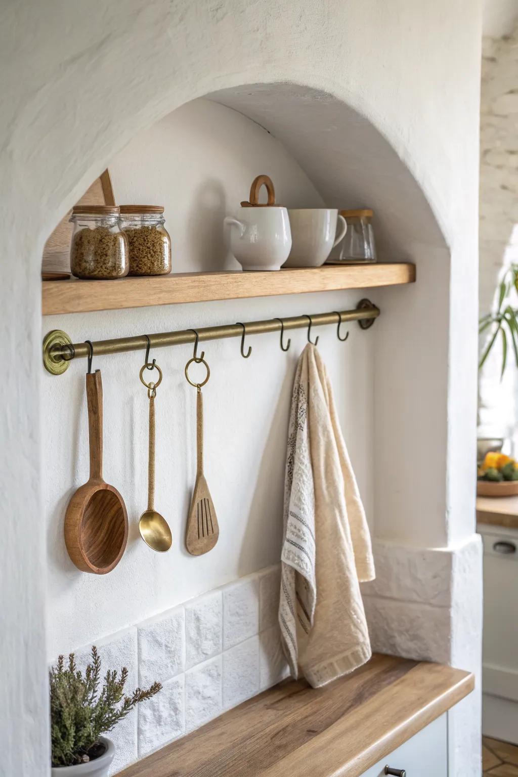 A slim brass rail in the alcove keeps everyday tools handy while freeing up precious drawers.