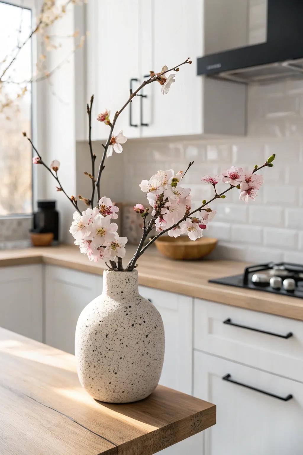 One seasonal branch swap in a handmade vase instantly refreshes a calm, minimalist kitchen corner.