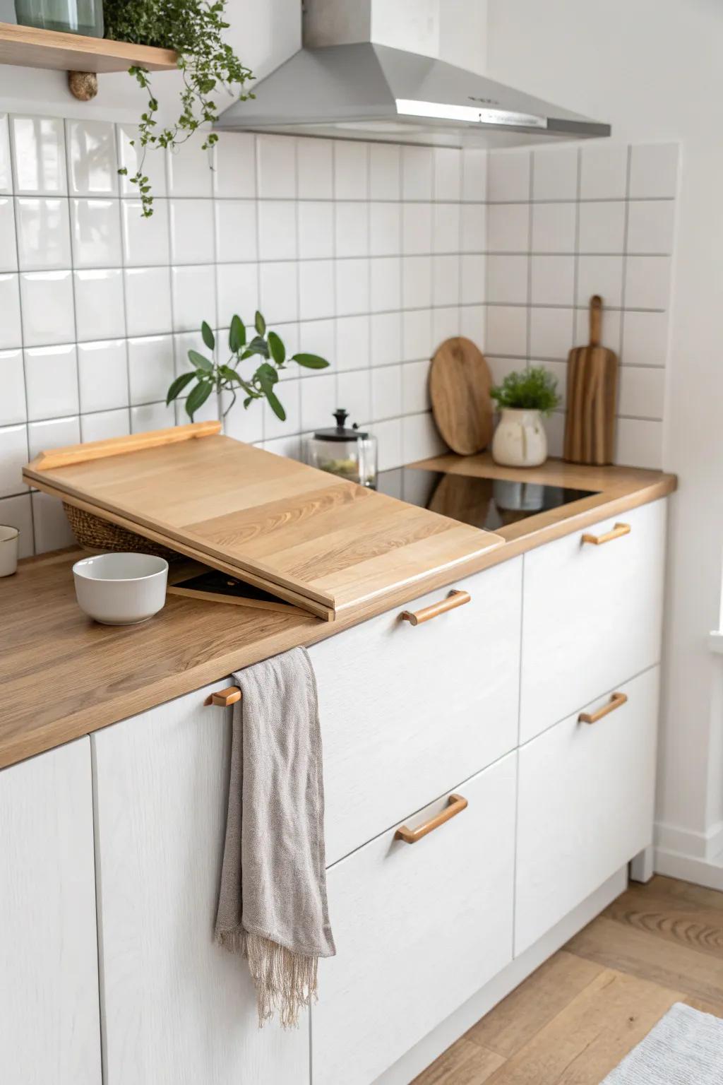 A hidden pop-up work surface that lifts like magic—extra prep space in a tiny kitchen.