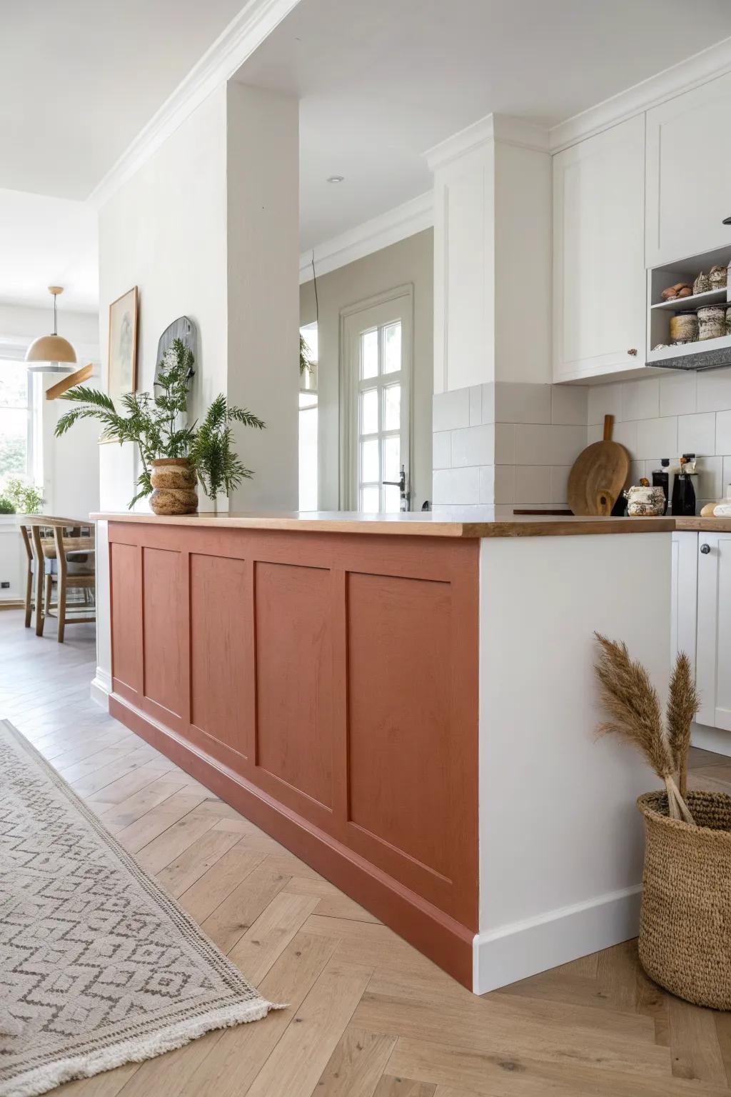 Two-tone paint on a half wall creates a crisp kitchen boundary—no renovation, just contrast.