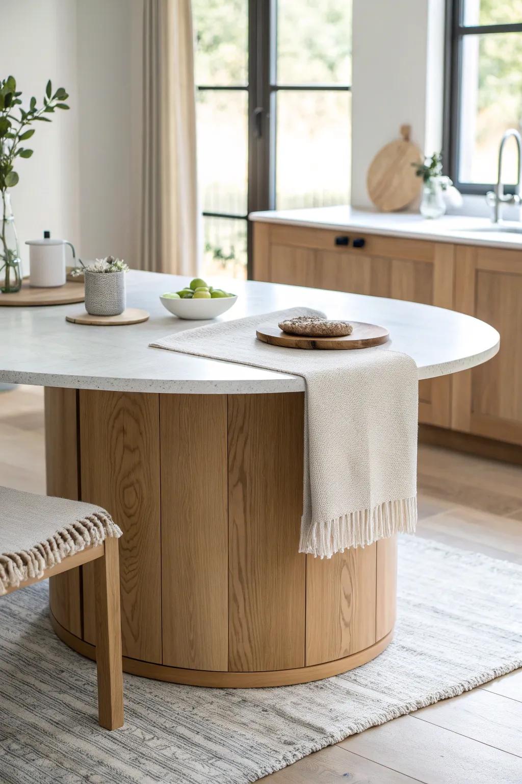 Curved island + semi-circle table: a space-saving combo that feels smooth, custom, and airy.