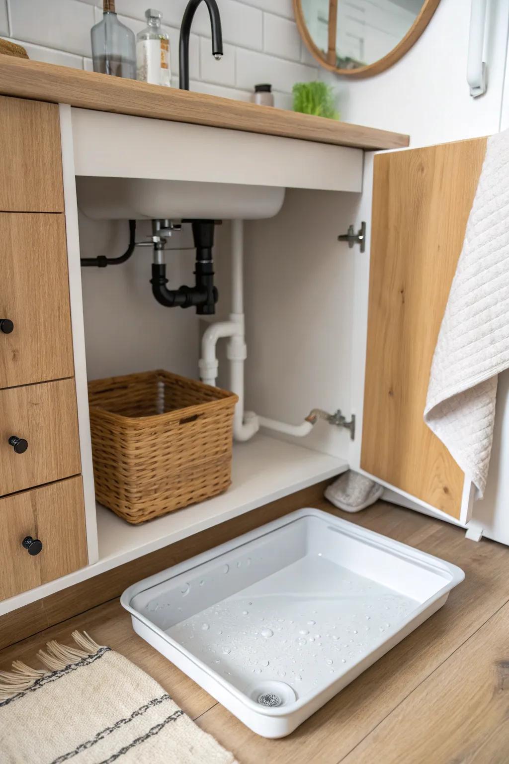 Slide in a removable tray under the pipes—catches drips fast and keeps your sink cabinet pristine.