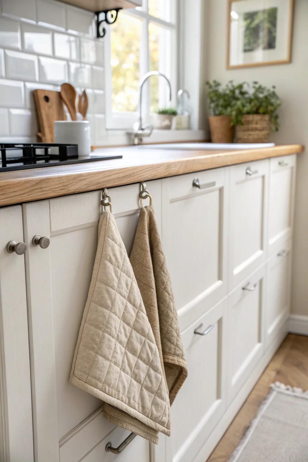 Cabinet-side hooks keep towels and mitts right where you need them—pretty, minimal, and handy.