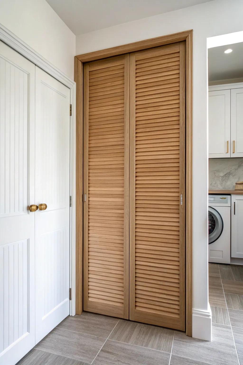 Tambour roll-up door: a chic, space-saving way to hide a tiny laundry closet in style.