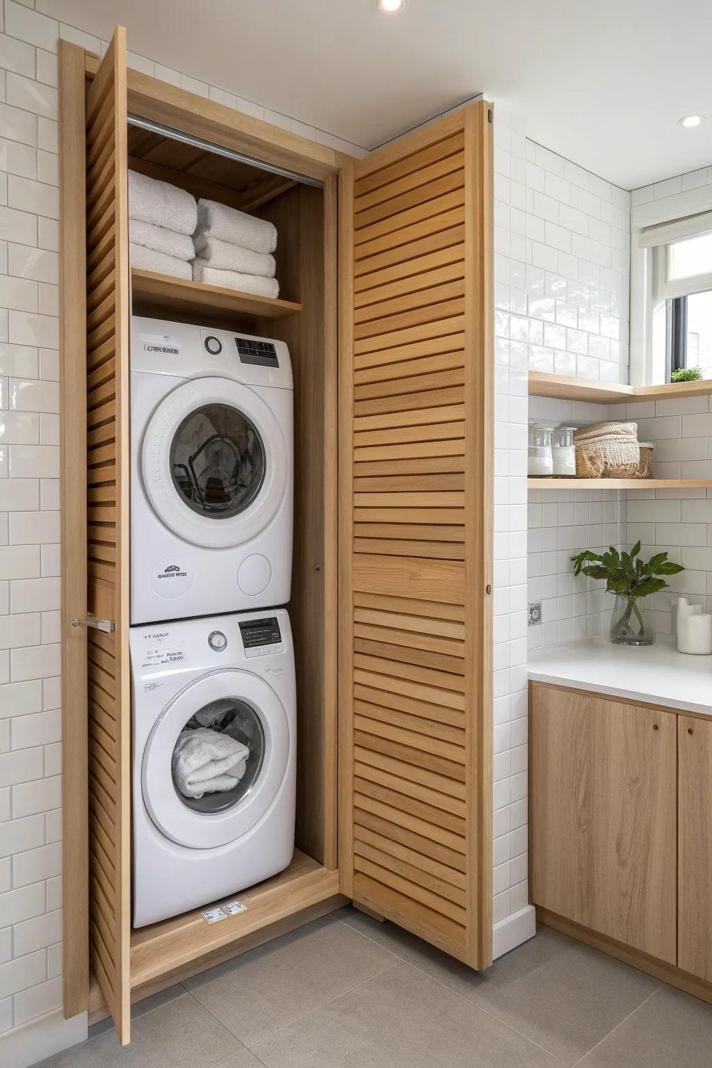 Stacked washer-dryer hidden in a bathroom wall cabinet—warm oak, calm lines, seamless storage.