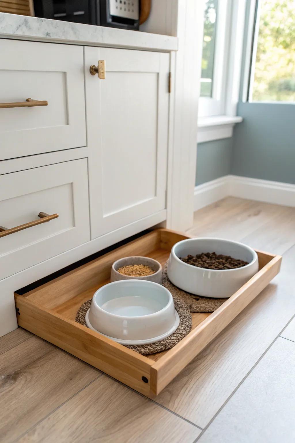 A sleek pull-out pet station hides bowls and food storage—perfect for clutter-free tiny kitchens.