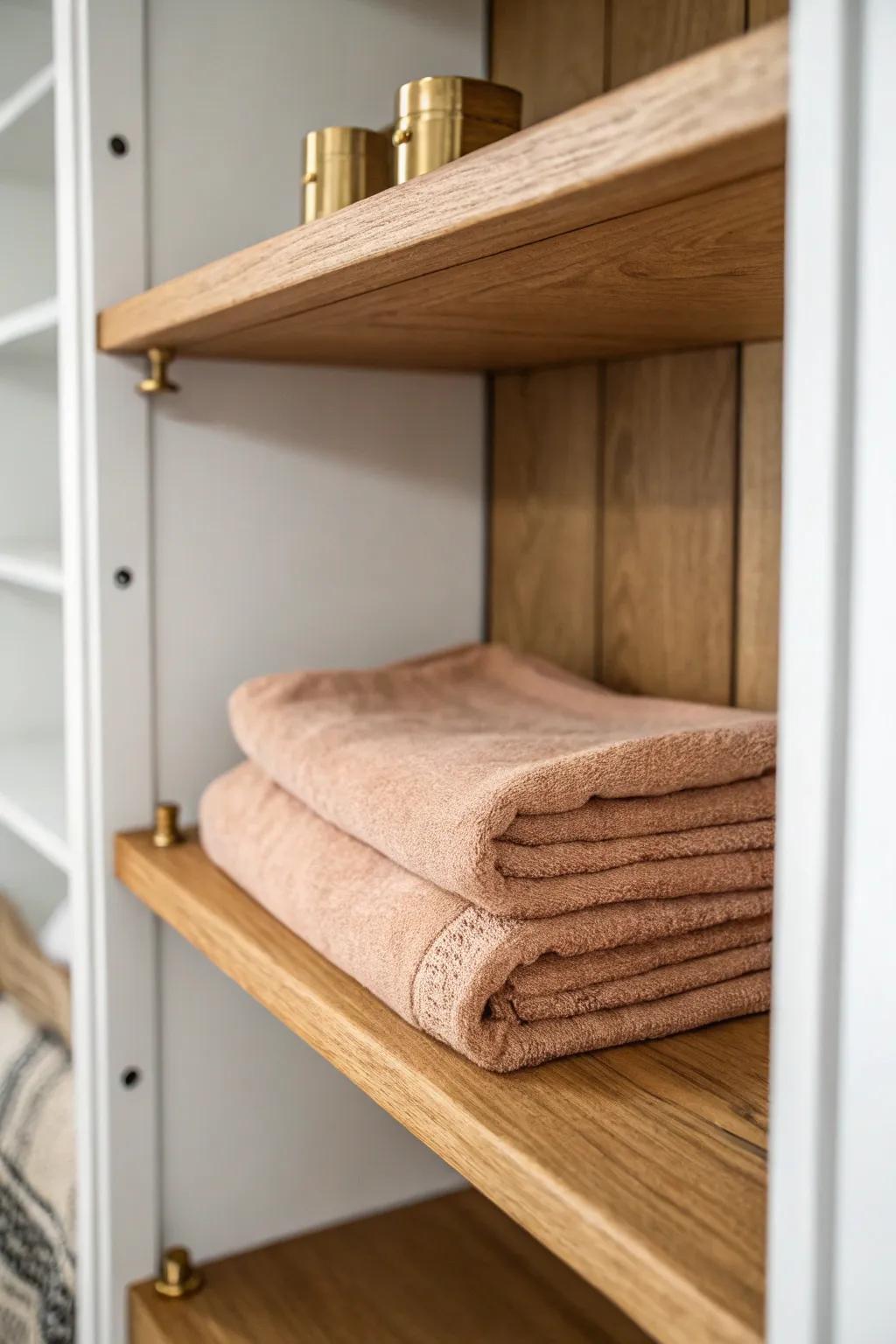 A fold-down oak shelf turns your linen closet into a calm, built-in towel folding station.