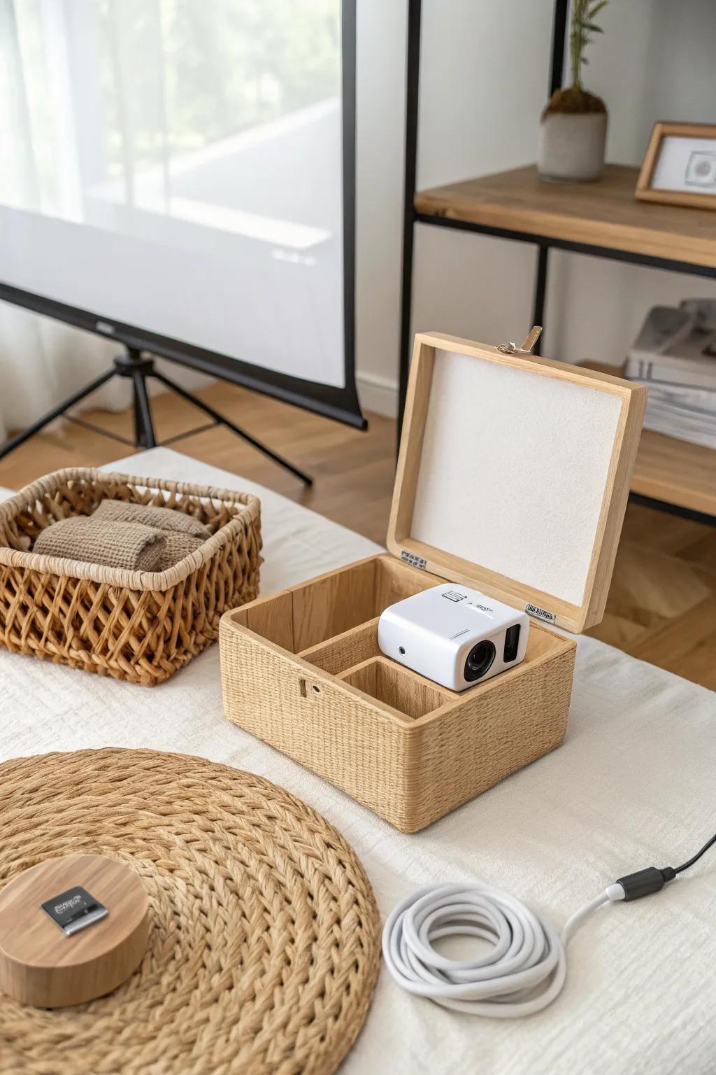 Secret movie-night cube: projector, cables, and roll-up screen tucked away in calm style.