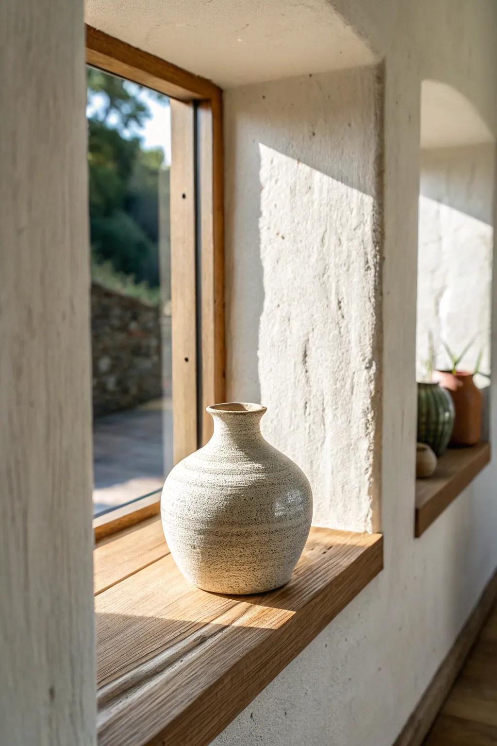 A pass-through niche that divides the room while sharing light—styled with one simple vase.