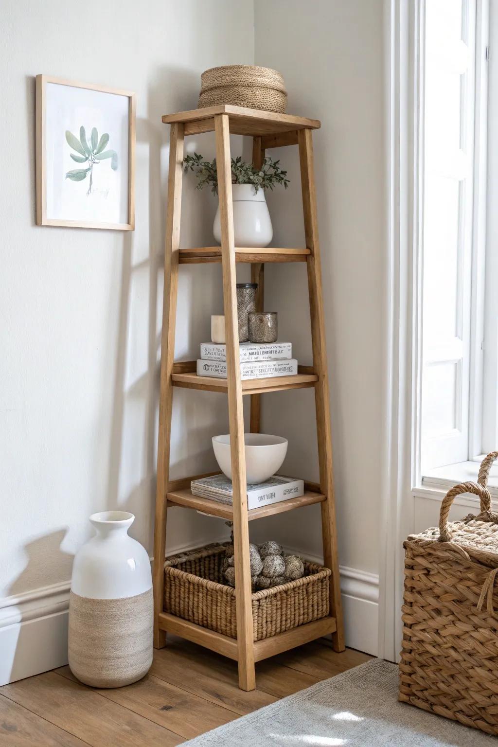 Turn that awkward corner into a clutter-hiding corner stack—basket below, style above.
