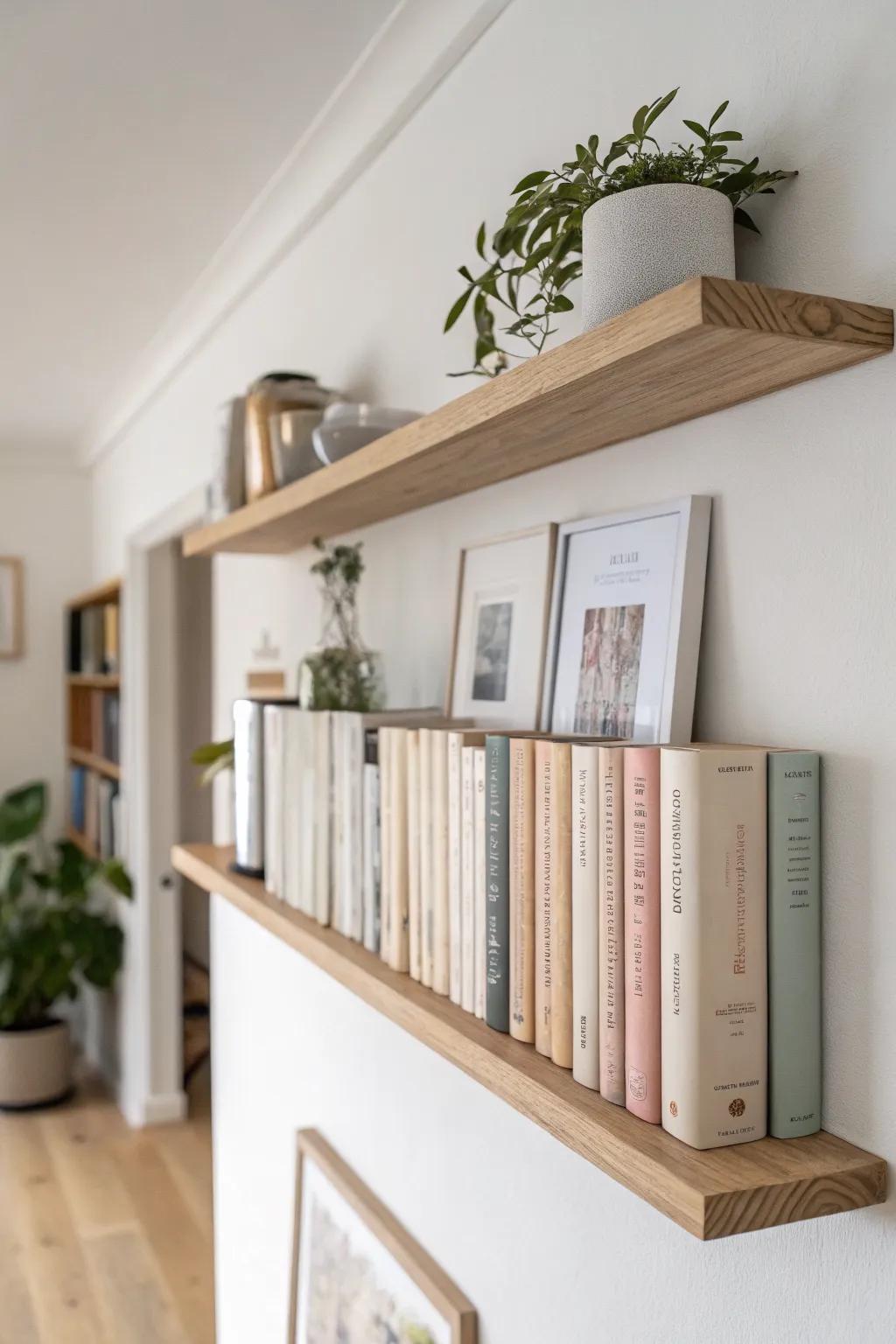 A skinny shelf line near the ceiling adds storage and makes a small living room feel taller.