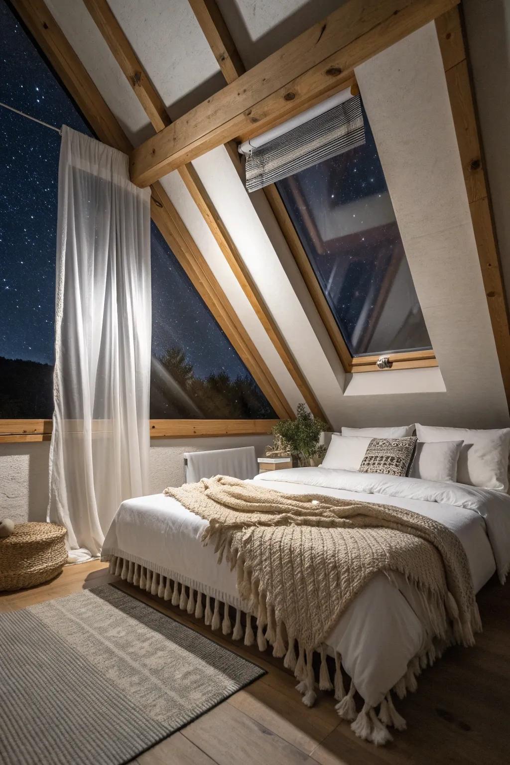 A dreamy stargazing bed under a skylight—sheer glow by day, blackout sleep by night.