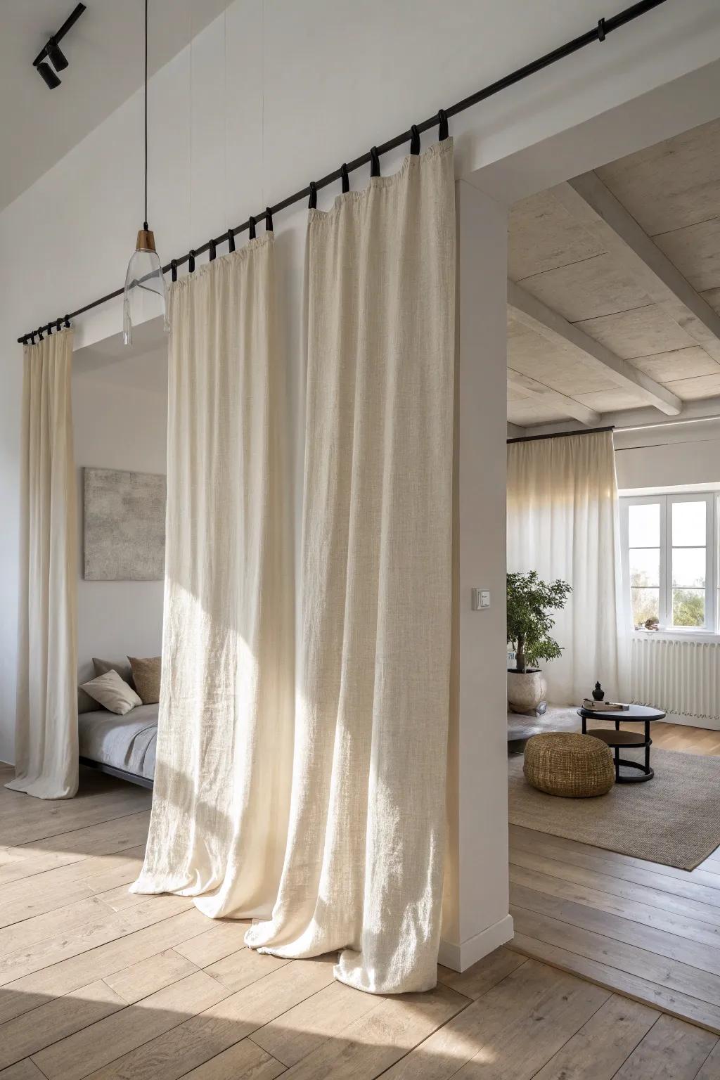 Ceiling-mounted linen curtains create an instant “room” in your loft—soft, simple, stylish.