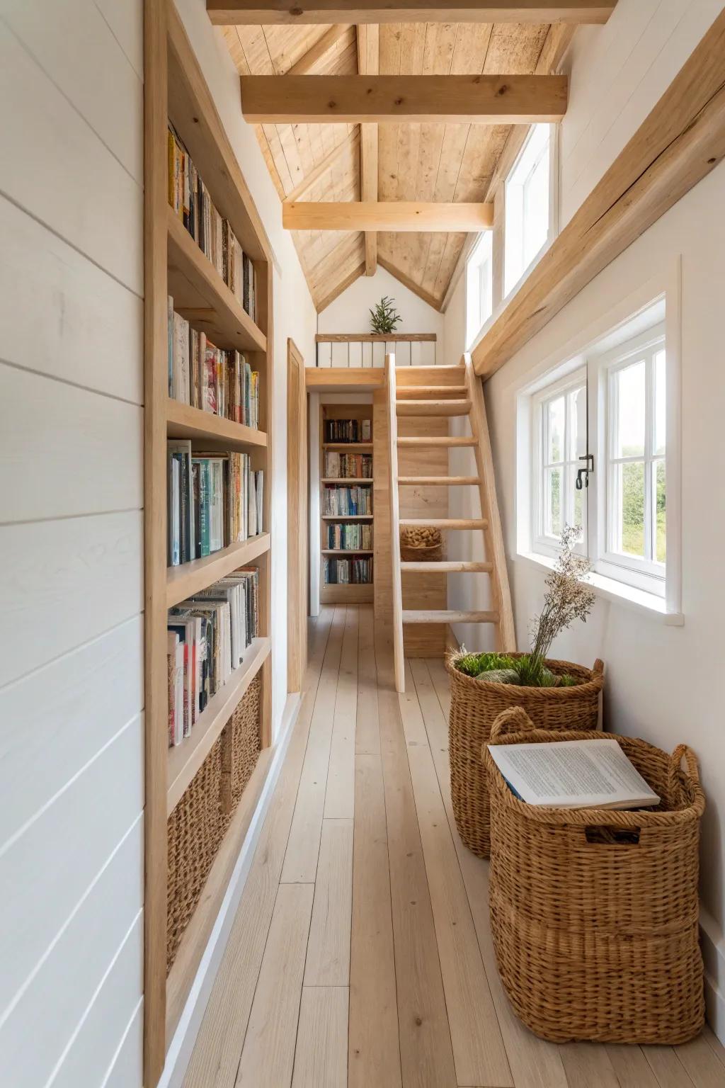A loft-to-loft catwalk shelf that adds storage up high while keeping your tiny floor plan open.