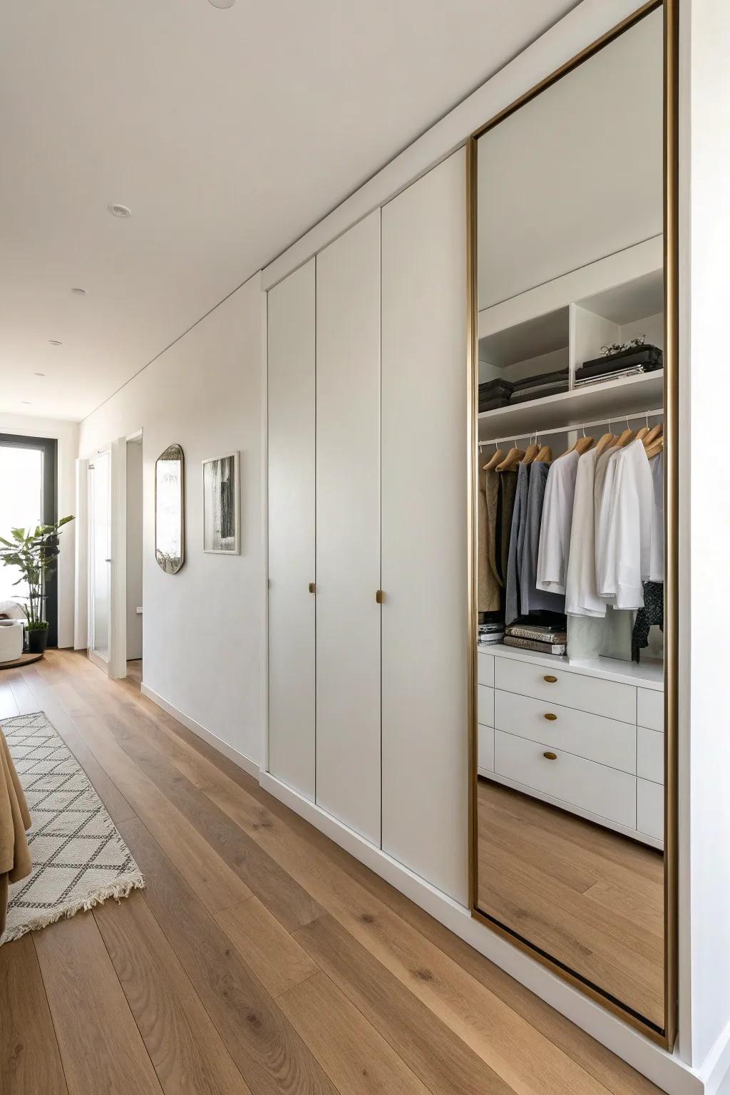 A full-height mirror panel along one closet side instantly makes a long space feel twice as wide.