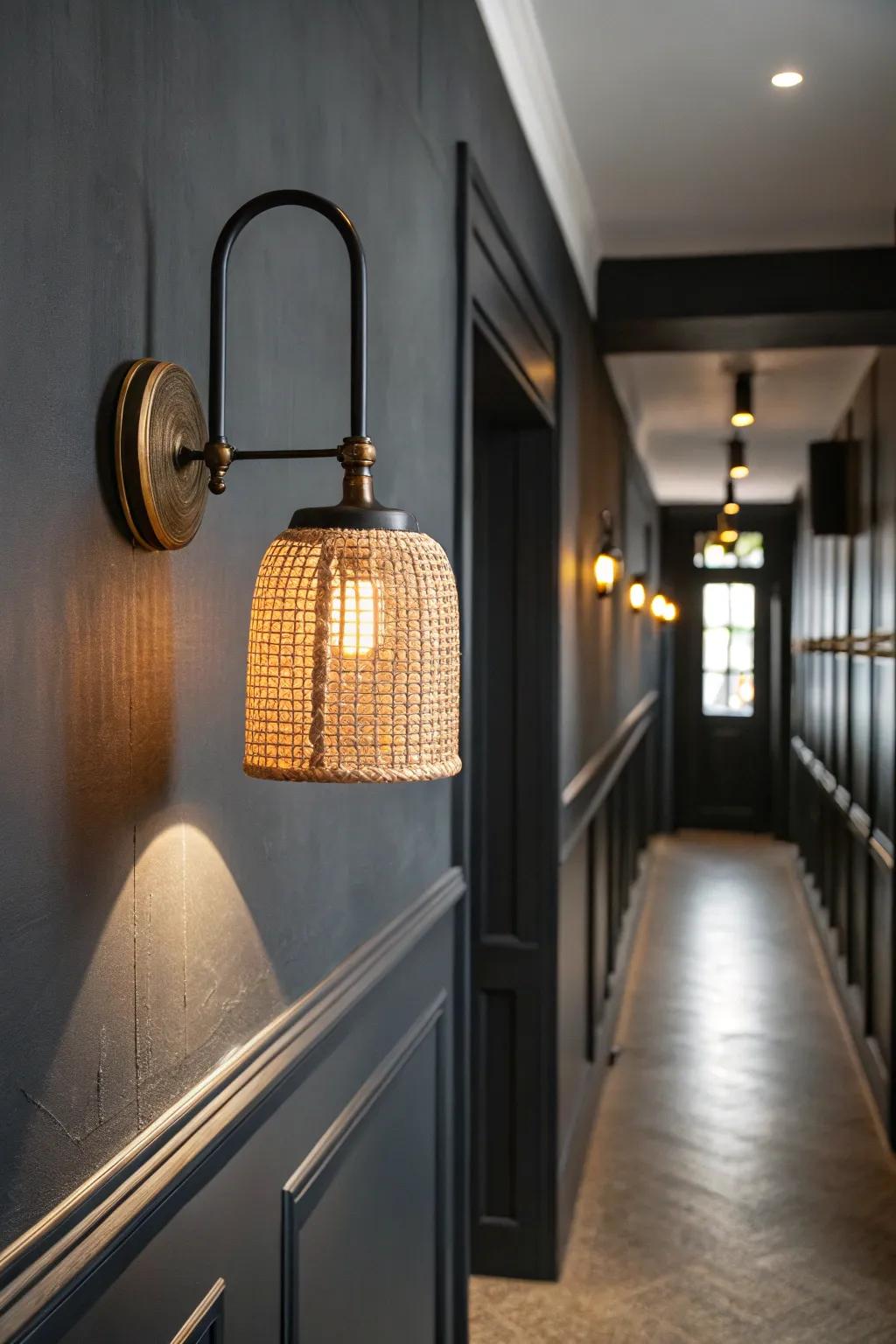 A dark accent wall + warm handcrafted sconce makes a long basement feel shorter and cozy.