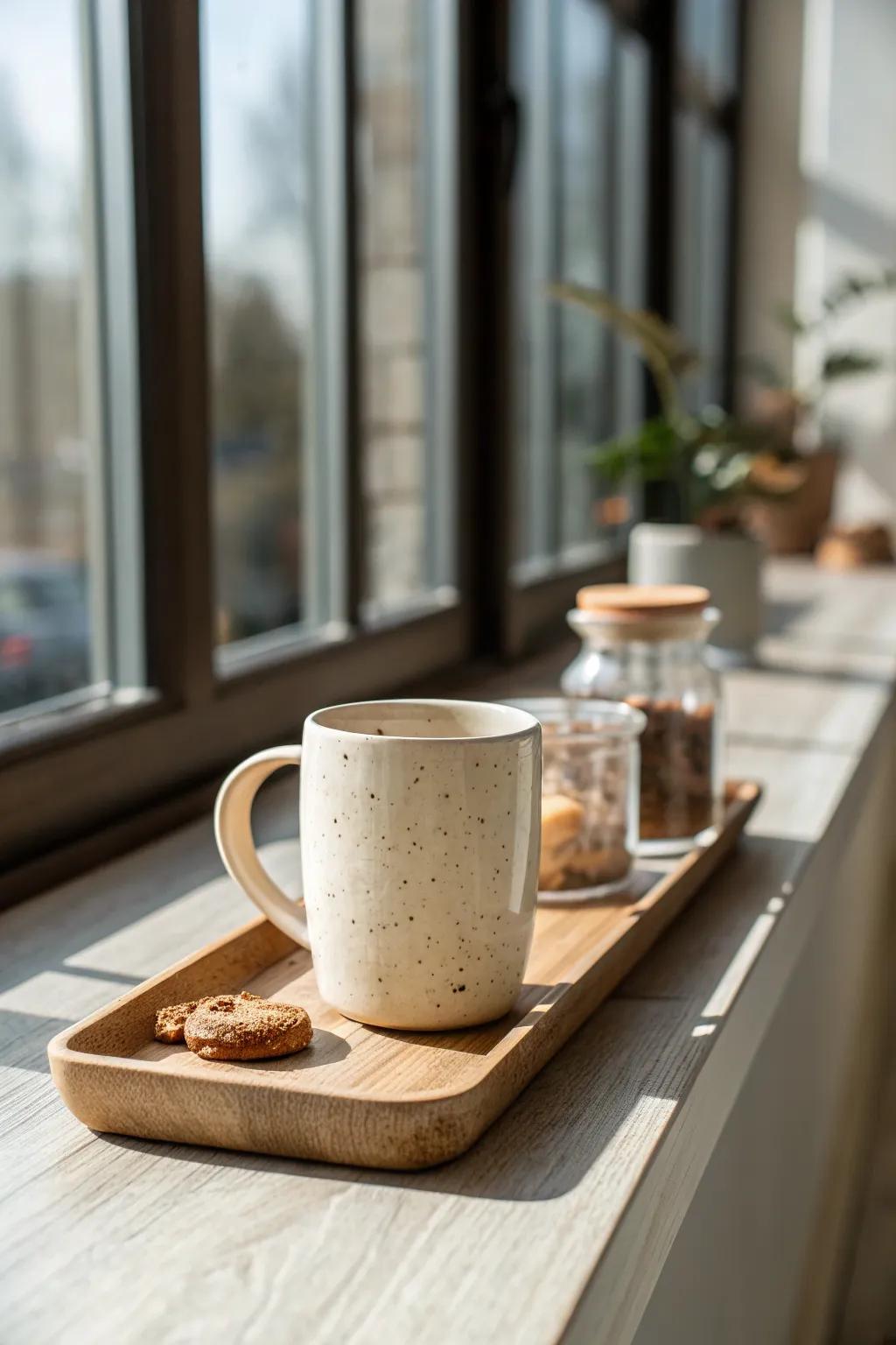 Turn a slim sunroom shelf into a sip station—one beautiful mug makes it a destination.