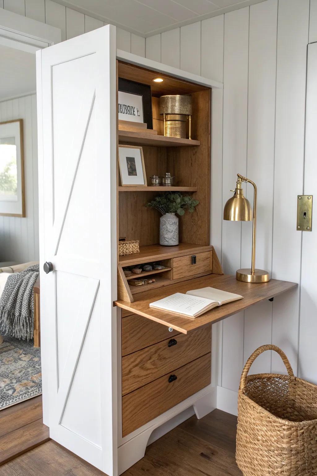 A closet-sized hideaway: a fold-down desk and warm sconce make a mini man cave on a budget.
