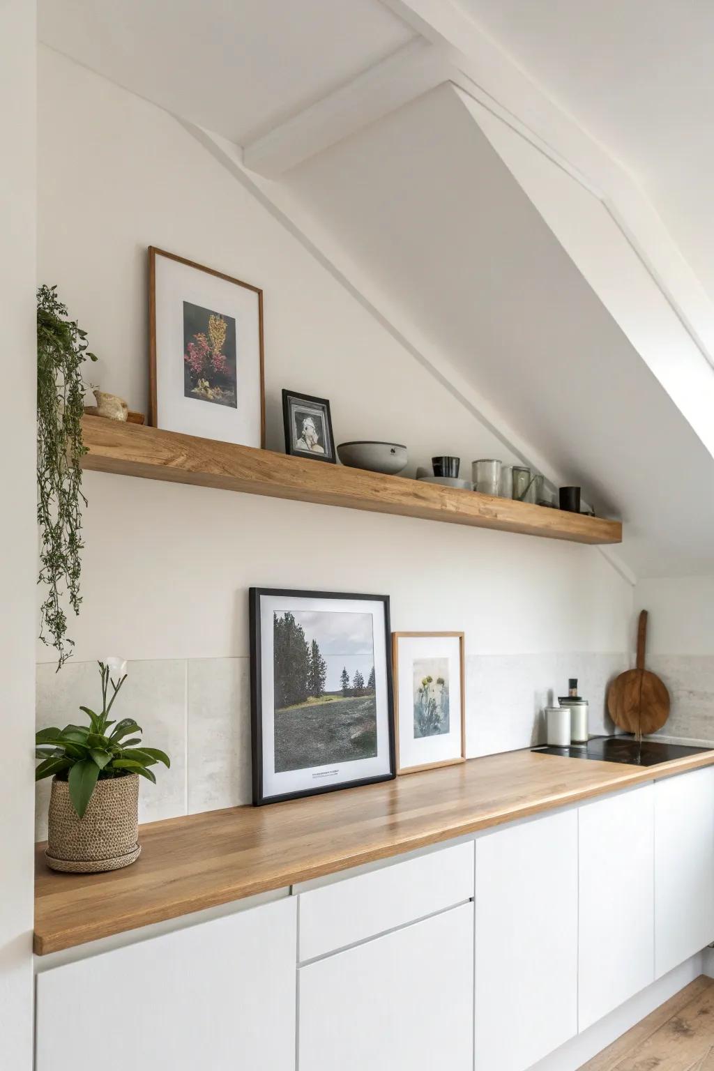 A slim picture ledge near the ceiling lifts the eye up—style it with tiny art + greenery.