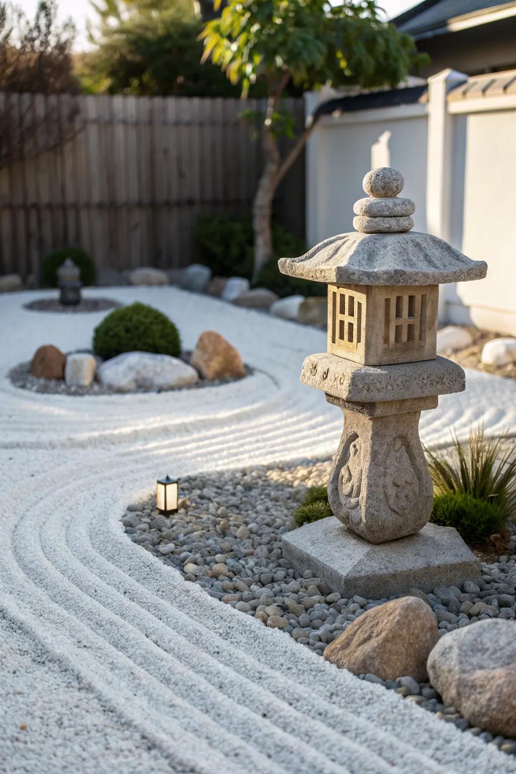 Low-water zen vibe: sculptural stone lantern on raked gravel—minimal, calm, and lawn-free.