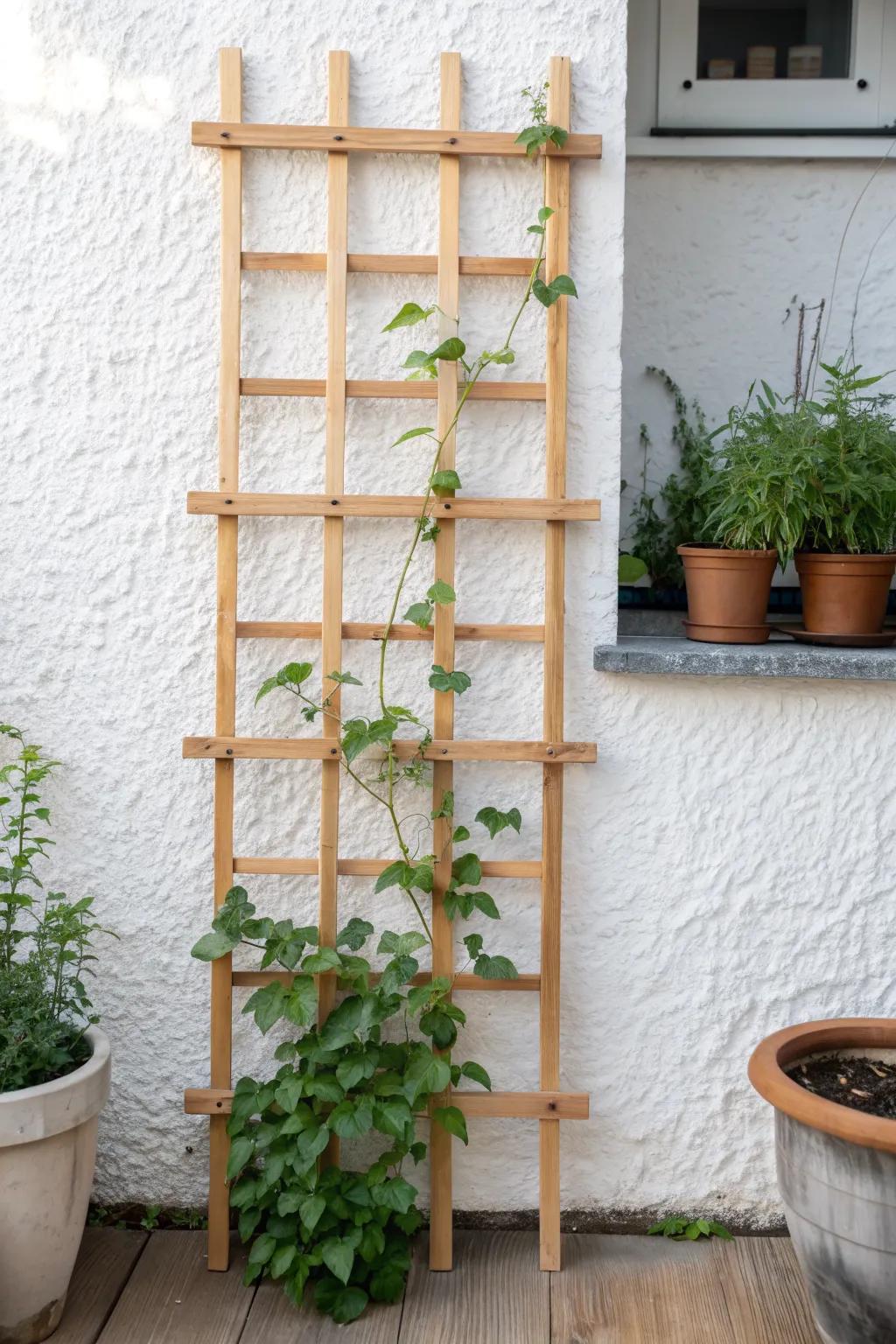 A slim wooden trellis lifts greenery upward, adding privacy and lushness in tiny gardens.