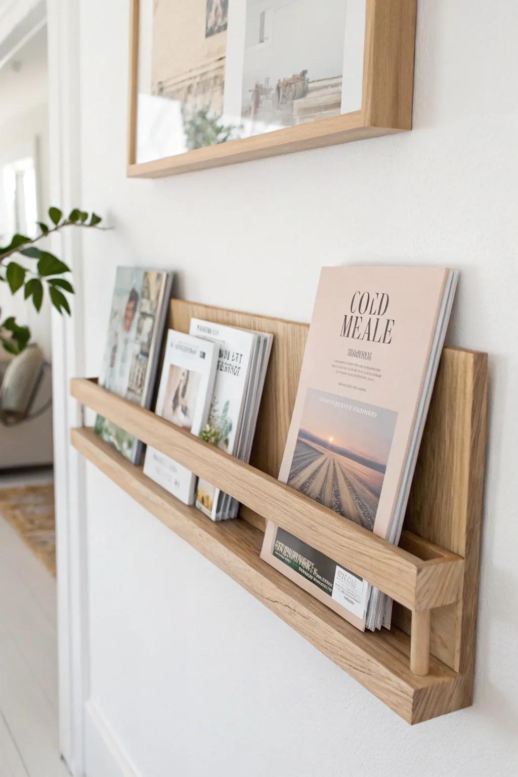 Turn magazines into wall art with a slim picture ledge—face-out covers keep it light and curated.