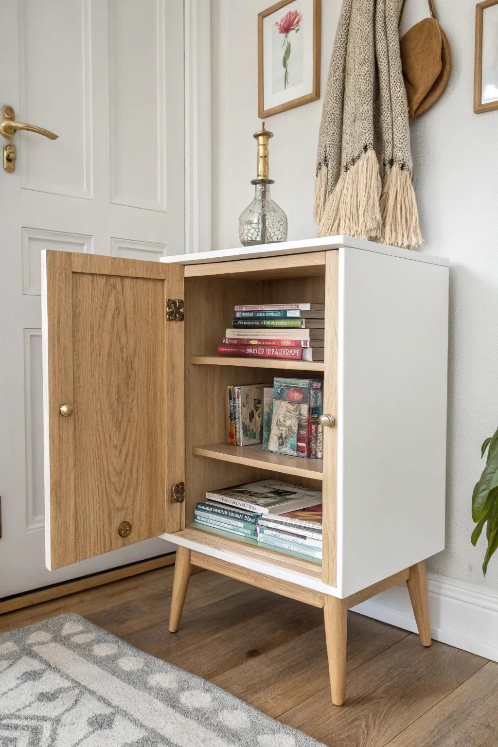 A repurposed cabinet becomes a chic magazine library—hide stacks behind doors, show favorites.