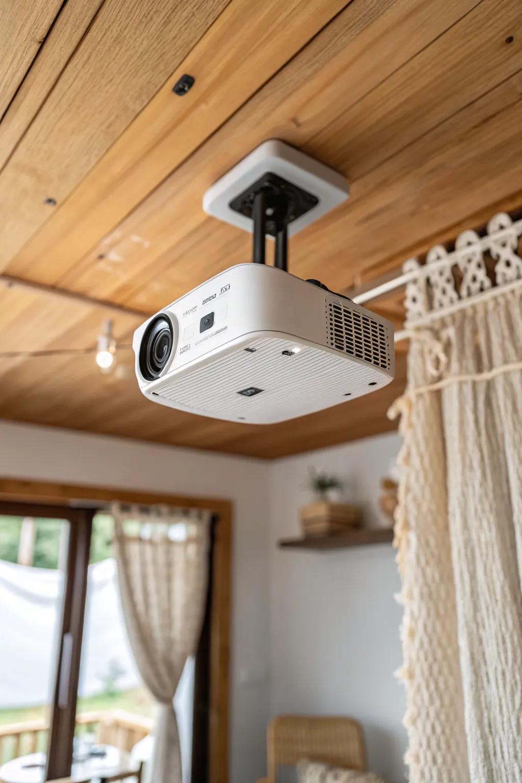 Small-room man cave hack: a discreet ceiling projector delivers big-screen nights without wall clutter.